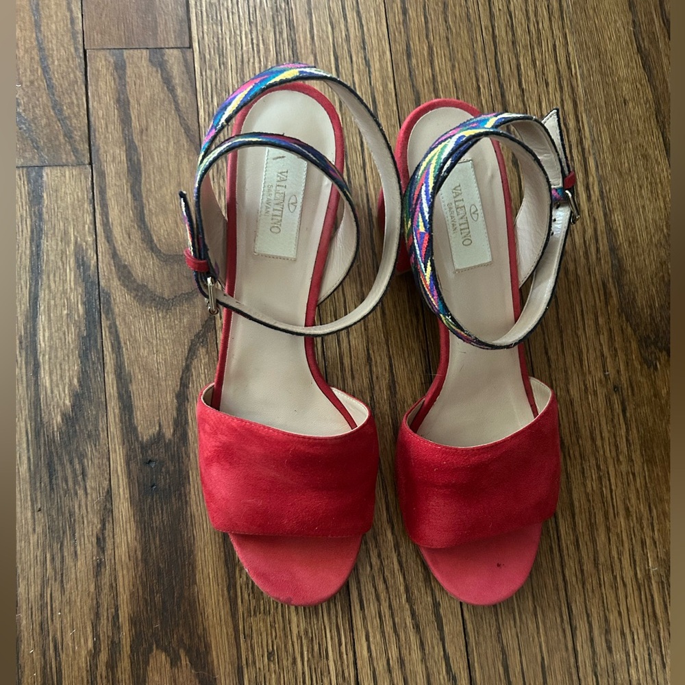 Valentino Red Suede Sandals with Multicolor Straps
